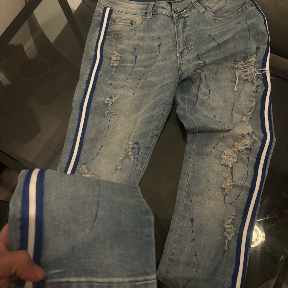 Society Blue Distressed Jeans with White Stripes